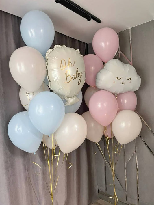 Balloons Pink, Beige and Blue with "Oh Baby" and White Cloud Foil Helium Bunch - Baby Shower, Perfect for special occasions!