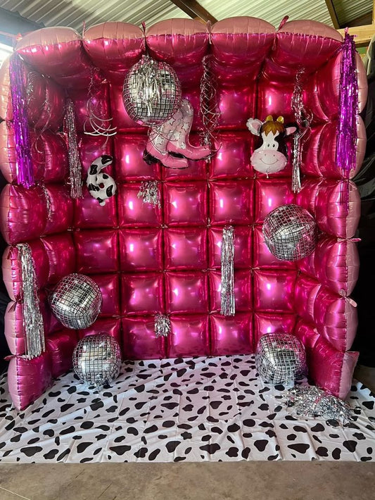 Balloons Pink Square Foil Garland Backdrop with Animal Cow, Boots, Disco Ball and Tassels accents - Perfect for special occasion!