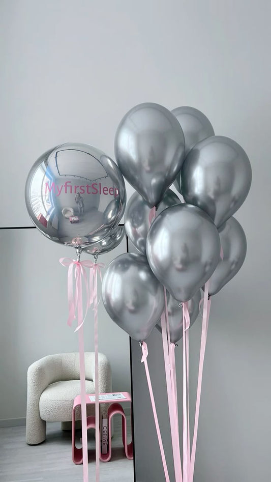 Latex Helium Bunch Silver Orbs with Customize Sticker and Silver Balloons and Pink Strings - Perfect for Special Occasions!