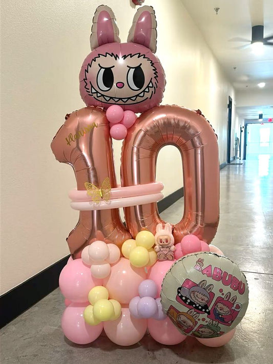 Platform Pink Labubu Foil Balloon with Number Balloon "10", Pink Labubu Toy, Customize Print, Gold Butterfly and Balloons Pink, Yellow and Purple - Labubu-Themed Perfect for any celebrations