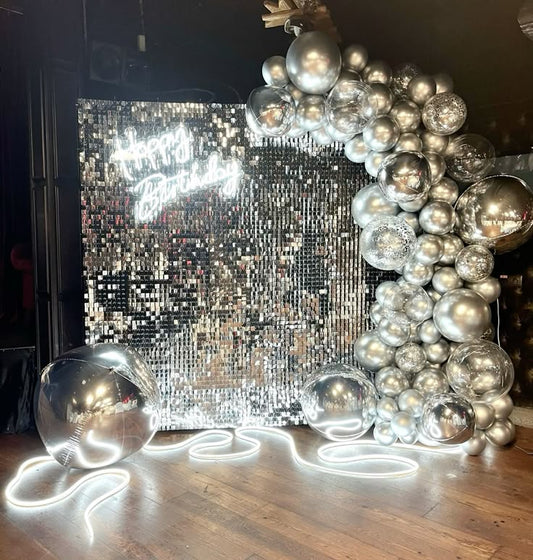 Silver Shimmer Wall Setup with Balloon Silver and Clear with Confetti, Silver Orbs, LED Acrylic 'Let's Party' - Perfect for any Celebration