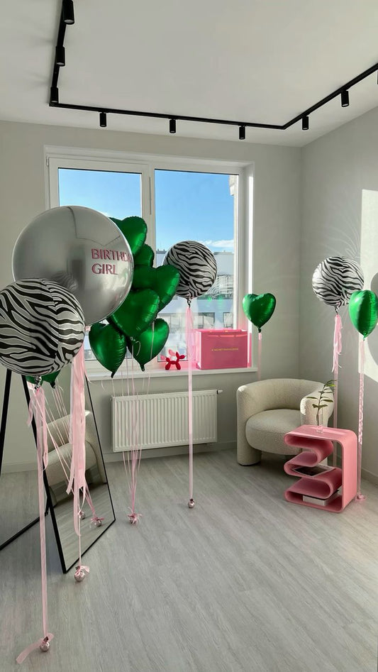 Helium Balloons Personalised Clear with Silver Latex, Customize Sticker with Green Heart-Shaped and Orbs Zebra Animal Printed Foil with Ribbons - Customizable Decor