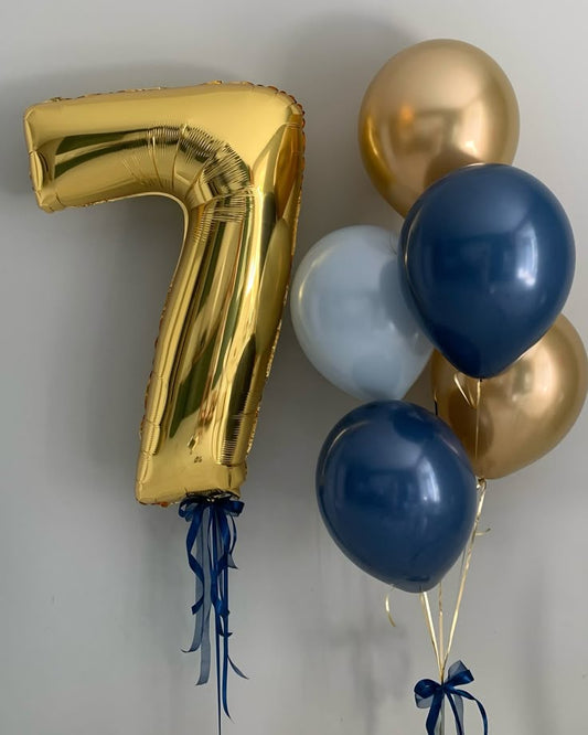 Helium Balloons Single Number Set Gold '7' and Latex Bunch Navy Blue, Blue and Light Gold with Ribbons - Perfect for any Occasions!