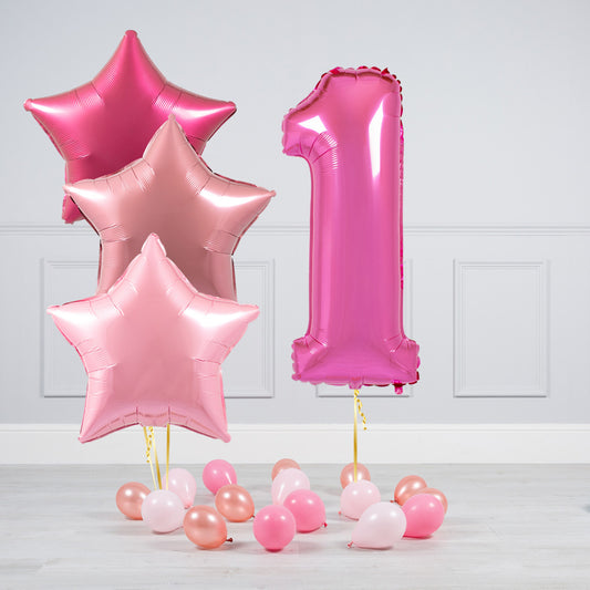 Helium Pink Single Number Set Balloon - Different Shade of Pink Stars with Mini Balloons