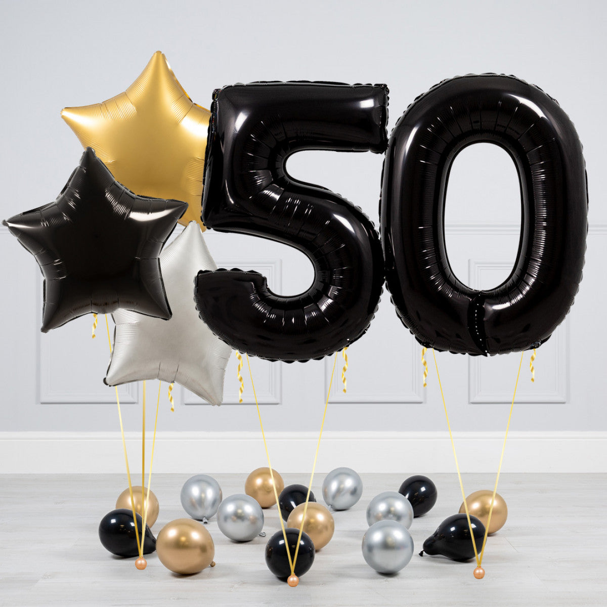 Helium Black Two Number Set Balloon - Gold, Black and White Stars with Mini Balloons