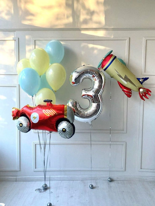 Helium Balloon Single Number Set of Silver Number ‘3’ Balloon with Racing Car, Plane and Latex Blue and Yellow Helium Bunch - Racing Car-Themed Perfect for any Occasions