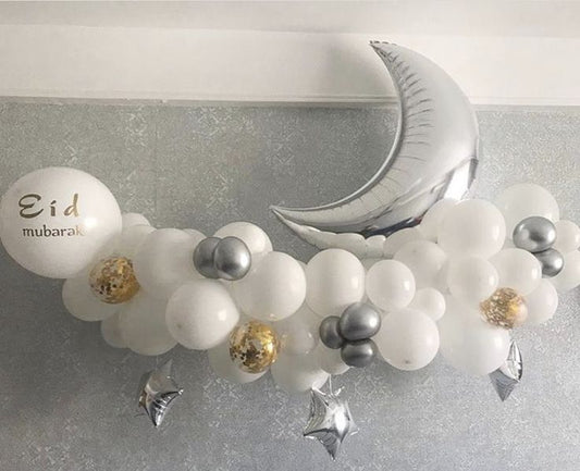 Personalised Ramadan Mini Garland Balloon White, Silver and Clear with Confetti with Silver Moon and Mini Stars accents with Customizable Stickers – Ramadan Celebration Decor