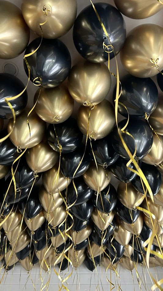 Latex Helium Ceiling Black and Light Gold Balloons with Gold Strings - Perfect for Special Occasions!