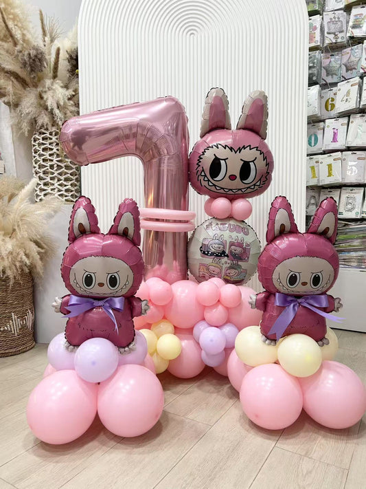 Balloon on Stand Pink Numbers '7' with Latex Pink, Purple, Yellow and Labubu accents and Labubu Balloon on Stand with Purple Ribbons - Labubu-Themed Customizable Design