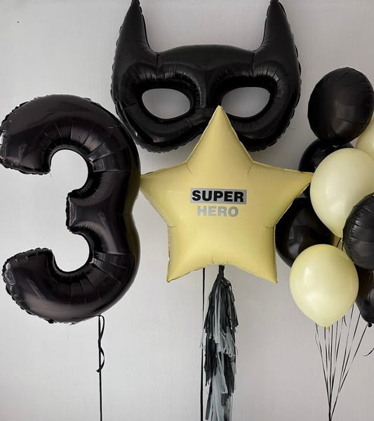Helium Balloon Single Number Set of Black Number ‘3’ Balloon with Yellow Star with Customize Sticker, Circle Black with Yellow and Black Stickers - Superhero, Marvel-Themed, Batman-Themed Perfect for any Occasions
