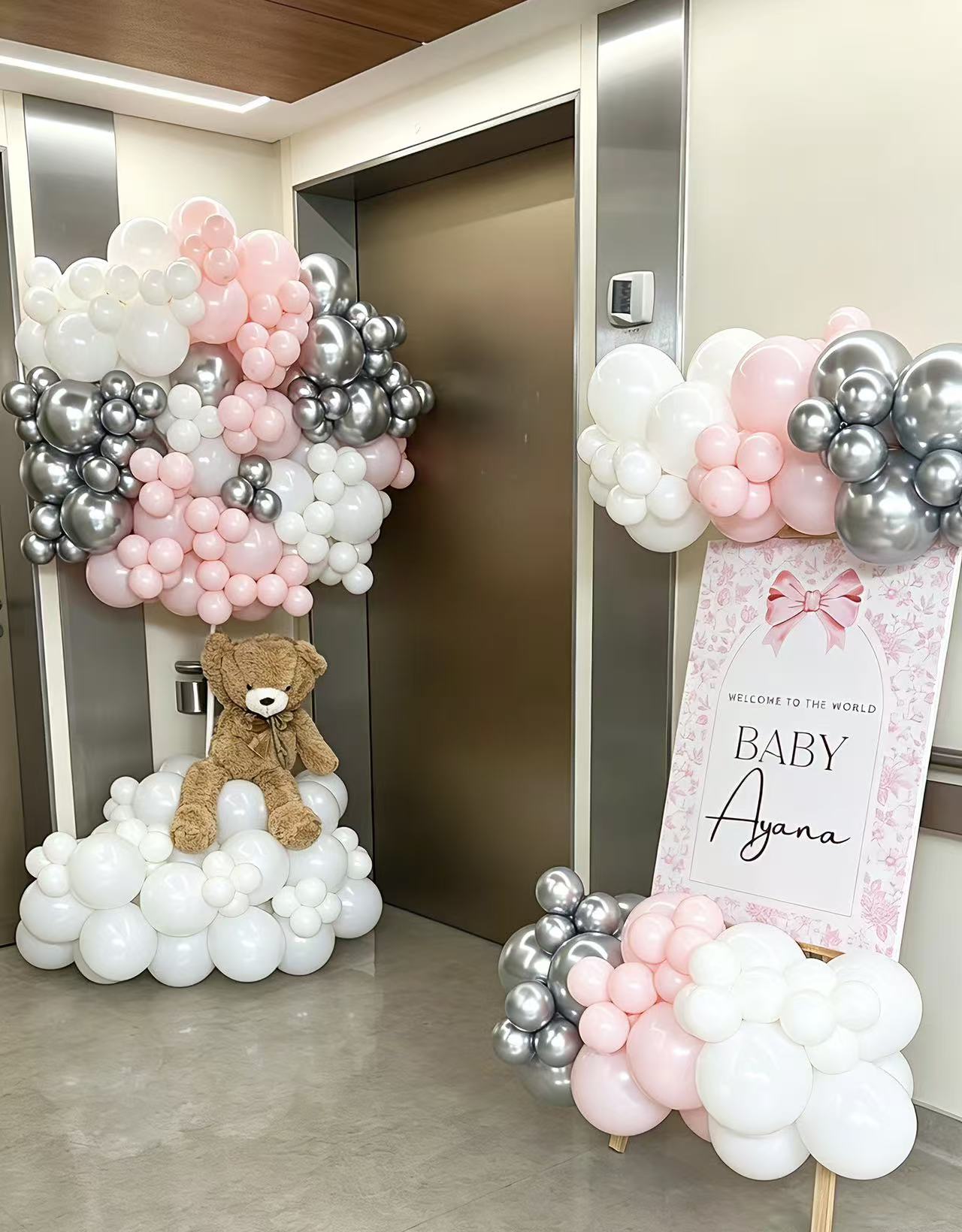 Hospital or Home Welcoming Baby Balloon Teddy Bear with Customize Sticker Balloons Pink Sivler and White - Perfect for special occasions Baby Shower Welcome Baby Newborn