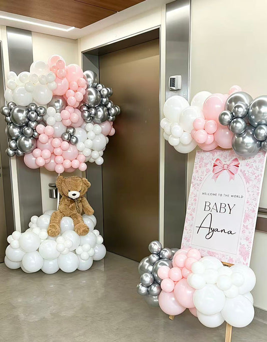 Hospital or Home Welcoming Baby Balloon Teddy Bear with Customize Sticker Balloons Pink Sivler and White - Perfect for special occasions Baby Shower Welcome Baby Newborn