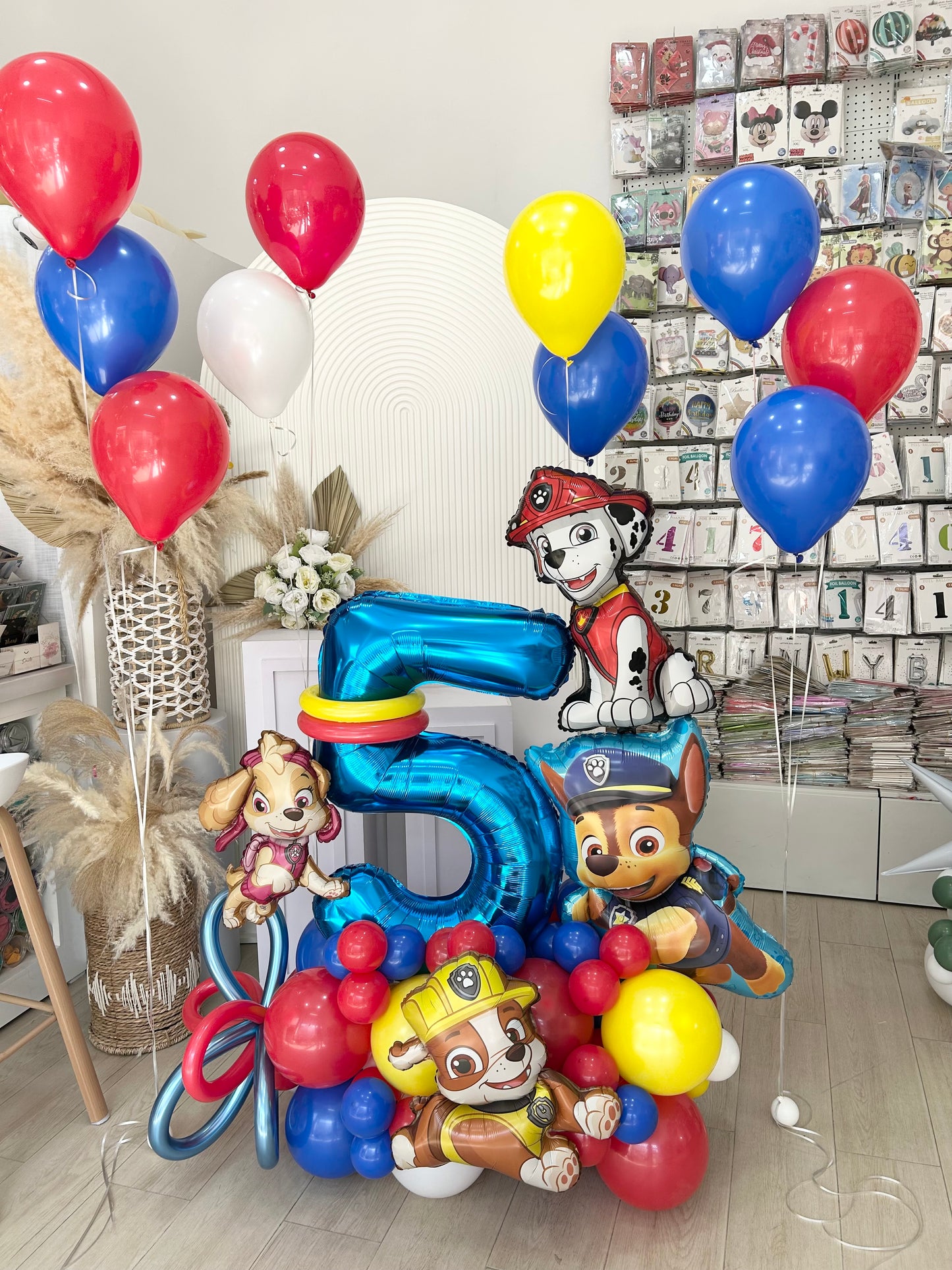 Platform Blue “5” Balloons Red Blue Yellow White Paw Patrol Themed with Latex Helium Bunch - Customizable Design, Perfect for any occasions!