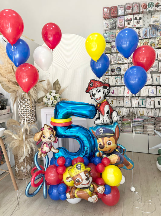Platform Blue “5” Balloons Red Blue Yellow White Paw Patrol Themed with Latex Helium Bunch - Customizable Design, Perfect for any occasions!