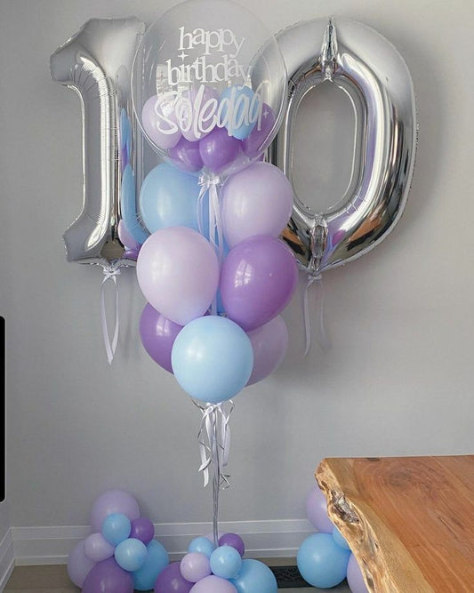 Pesonalised Clear with Mini Latex and Customize Sticker Helium Balloons, Two Number Set Silver '10' and Latex Bunch Purple and Blue with Ribbon and Mini Balloons accents - Perfect for any Occasions!