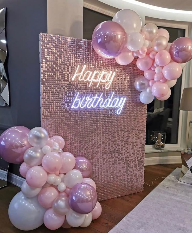 Pink Shimmer Wall Setup with Balloon Pink, White, Pearl White with Orbs accents, LED Acrylic "Happy Birthday" - Perfect for any Celebration