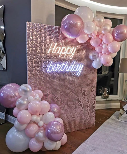 Pink Shimmer Wall Setup with Balloon Pink, White, Pearl White with Orbs accents, LED Acrylic "Happy Birthday" - Perfect for any Celebration