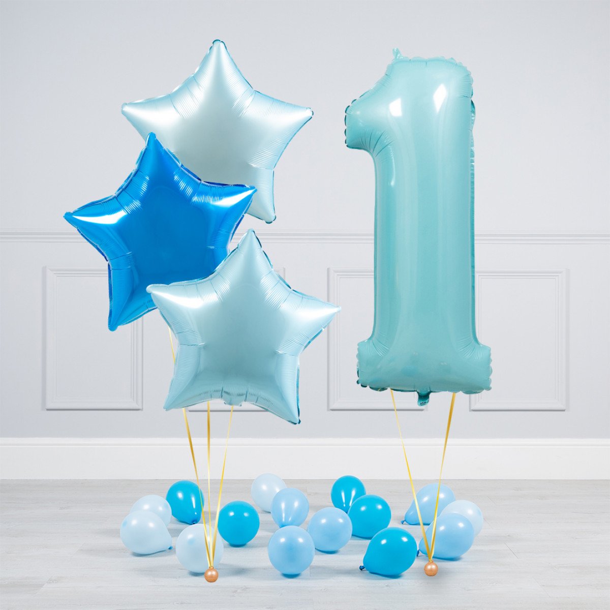 Helium Blue Single Number Set Balloon - Different Shade of Blue Stars with Mini Balloons