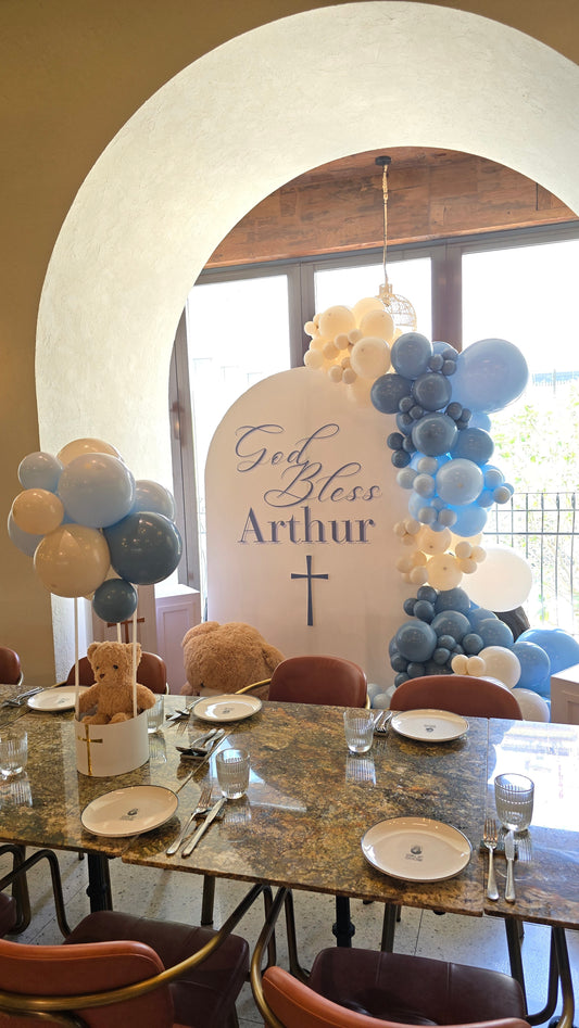 Customizable Board Backdrop with Cake Stand, Balloons Beige and Blue with 4pcs Teddy Bear Centerpiece - Christening, Perfect for special occasion