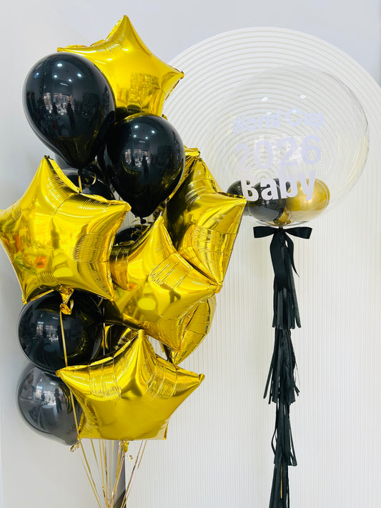 Personalised Helium Clear with Balloon Gold with Black and Gold Stars and Latex Bunch and Customizable Stickers and Black Tassels - Perfect for any Occasions