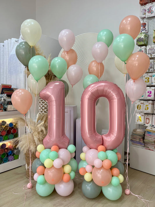 40-inch Numbers 1&0 Balloon on Stand with Bunch Helium Balloons Pastel Colors Peach, Pink, Green and Yellow with Strings - Customizable for Any Celebration
