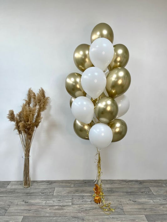 Latex Helium Balloon White and Light Gold Bunch with Ribbons - Perfect for any special occasions!