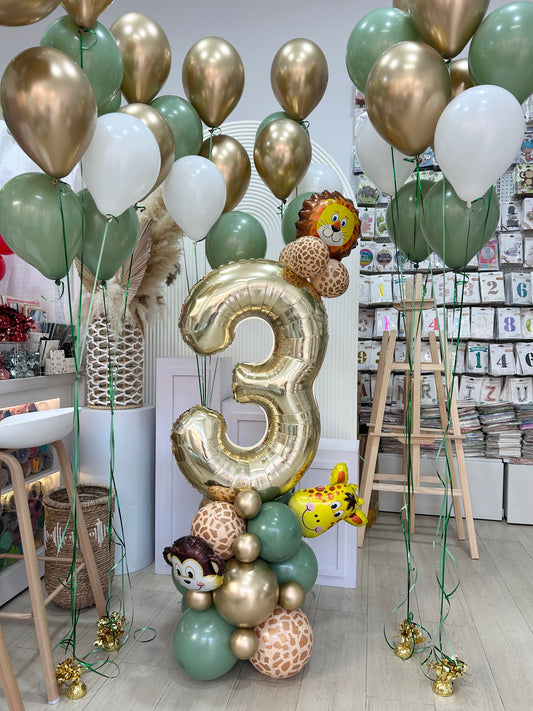 Number Light Gold Balloon on Stand ‘3’ with Lion Tiger Giraffe with Latex Helium Bunch Olive Green White Gold – Perfect for Safari and Jungle-Themed Events