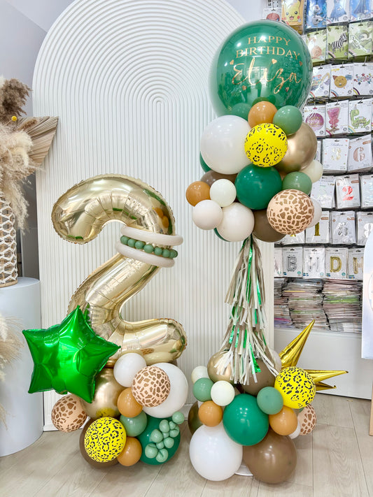 Light Gold Number Balloon on Stand ‘2’ with Green Star and Customized Pillar/Column/Tower Animal-Themed Balloons Gold, Green, Brown and Beige with Stickers, Tassels and Gold Starburst - Perfect for Safari-Themed Birthday Celebration!