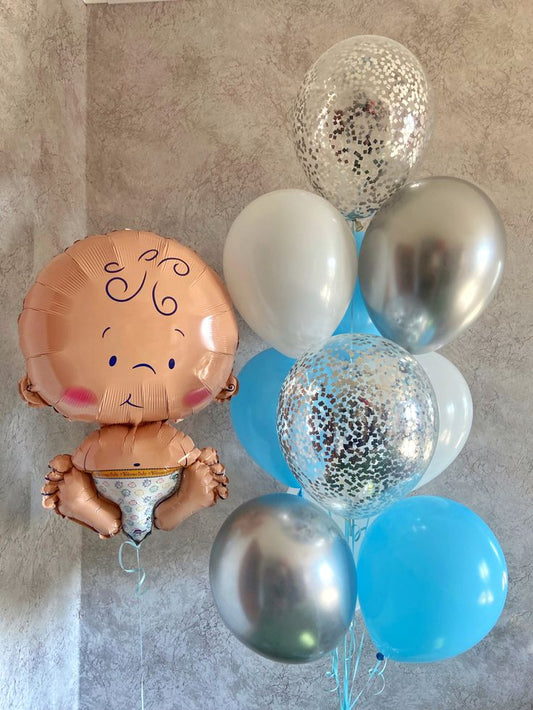 Helium Balloon Baby Boy with Latex Blue, White, Silver and Clear with Confetti - Baby Shower, Gender Reveal Perfect for Special Occasions!
