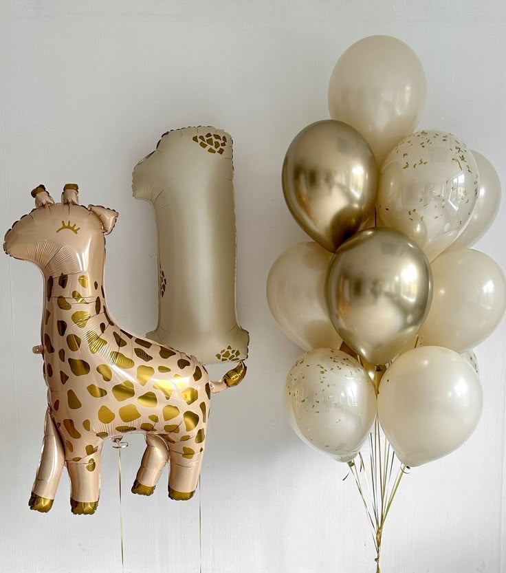 Helium Balloon Set of Double Layered Sand White and Light Gold with Number ‘1’ Balloon and Giraffe Foil and Gold Strings - Perfect for any Occasions