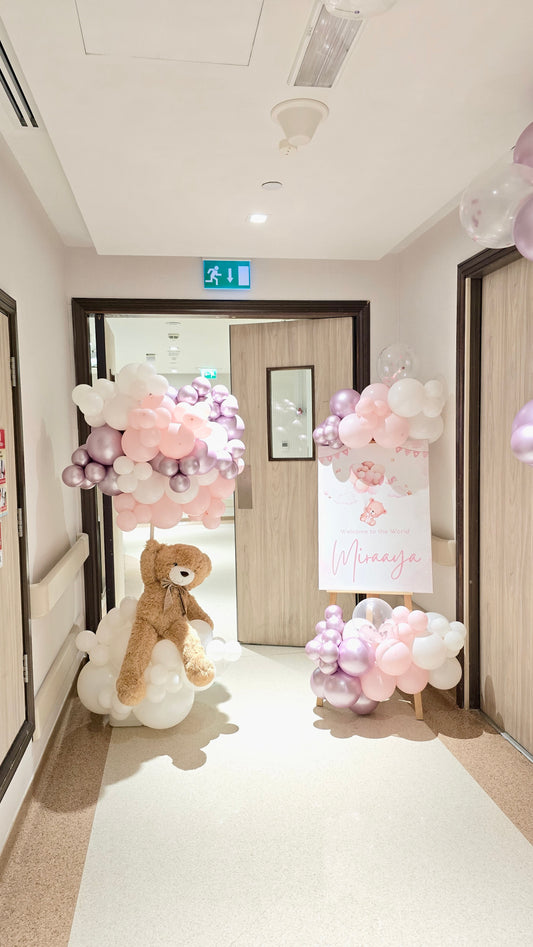 Hospital Welcoming Baby Balloon Pink, White and Shinny Light Pink with Teddy Bear and Customize Welcome Board with Organic Balloon Chain - Perfect for special occasions