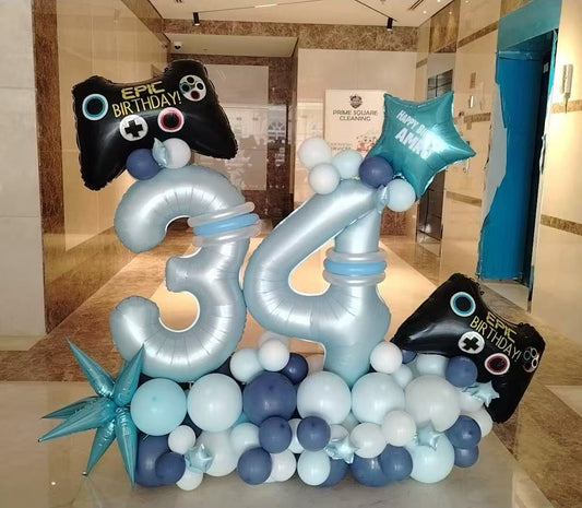 Blue Number Platform ‘34’ with Blue, Deep Blue with Game Controller Foil, Star with Customize Sticker and Starburst accents Balloons – Customizable Design