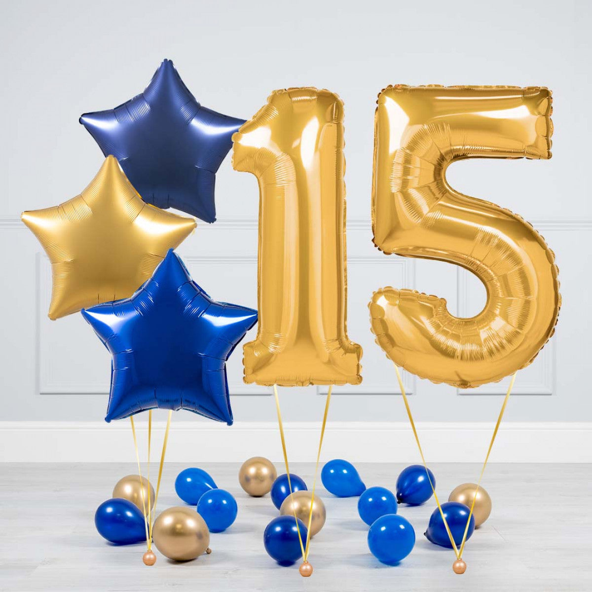 Helium Gold Two Number Set Balloon - Dark Blue, Blue and Gold Stars with Mini Balloons