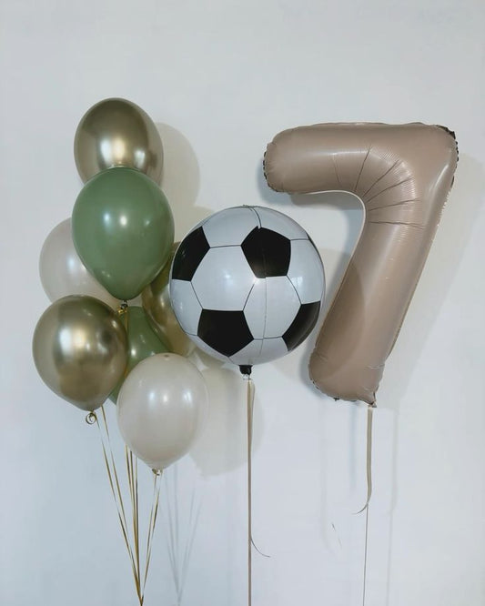 Helium Balloon Single Number Set of Sand White Number ‘7’ Balloon with Soccer Ball, Light gold, Sand White, Oliver Green Latex Helium Bunch - Sports-Themed, Football-Themed, Soccer-Themed Perfect for any Occasions