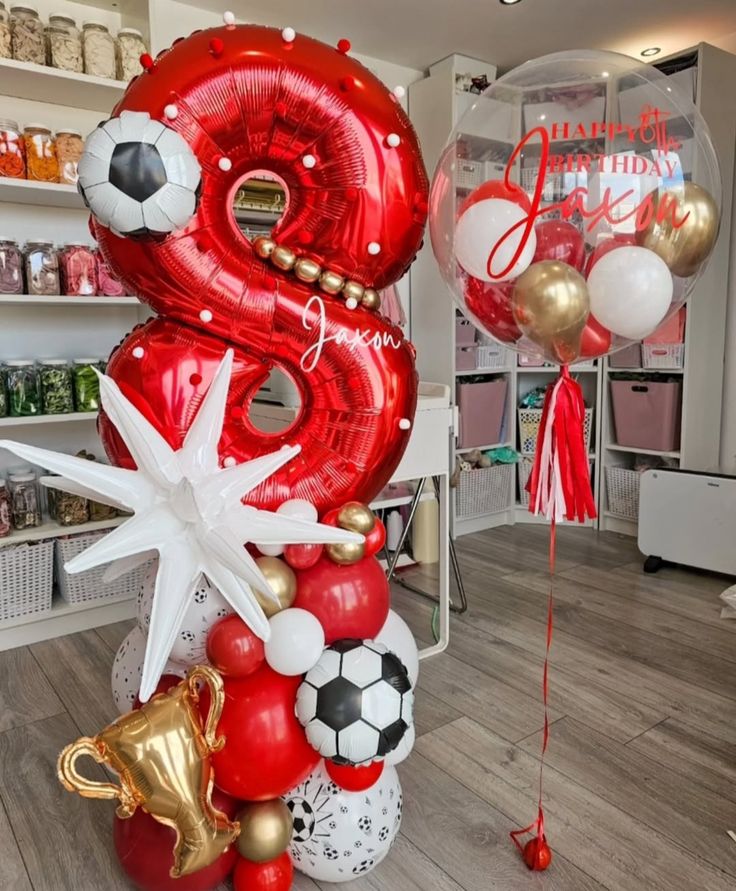 Personalised Sticker Helium with Platform Red Number '8' Custom Balloon with Printed Soccer Ball and Red Latex with Stars, Trophy, Soccer Ball accents – Sports-Themed, Football-Themed, Soccer-Themed Perfect for Any Milestone Celebrations!