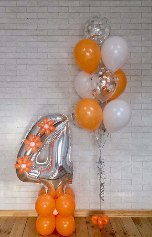 Balloon Orange and White and Silver Number Balloon on Stand '4' and Helium Balloons Orange, White and Clear with Confetti - Birthday, Perfect for special occasion