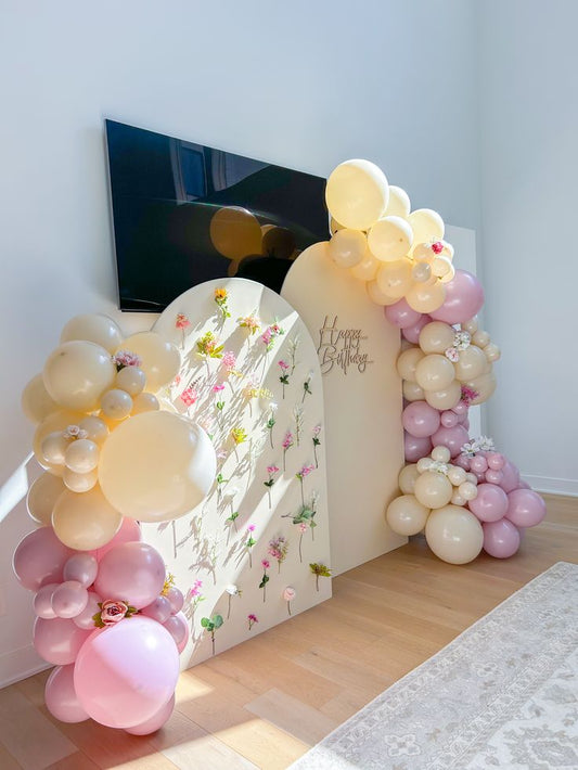 Customizable Board Backdrop with Balloons Beige and Mauve with Artificial Flowers - Perfect for any celebration!