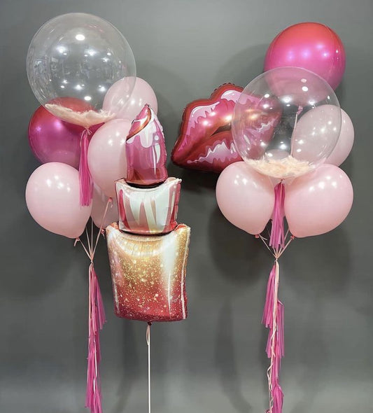 Helium Balloons Clear with Feather, Orbs with Latex Bunch Pink, Lipstick and Lips Foil - Customizable Decor