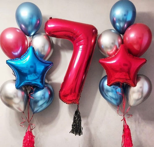 Helium Balloons Single Number Set Red '7' with Tassels and Latex Bunch Chrome Colors Red, Blue, Silver and Star-Shaped Foil - Perfect for any Occasions!