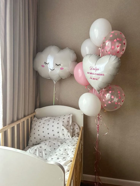 White Cloud and Latex Pink, White and Clear with Confetti with White Heart with Customize Sticker Helium Balloon Bunch - Baby Shower, Perfect for special occasions!