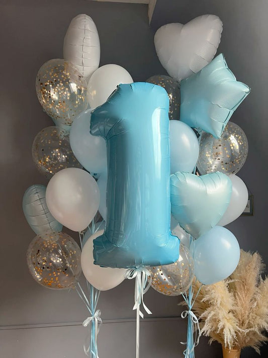 Helium Balloons Single Number Set Blue '1' with Latex Balloons Clear with Confetti, Blue, White with Star and Heart Foil - Perfect for any Occasions
