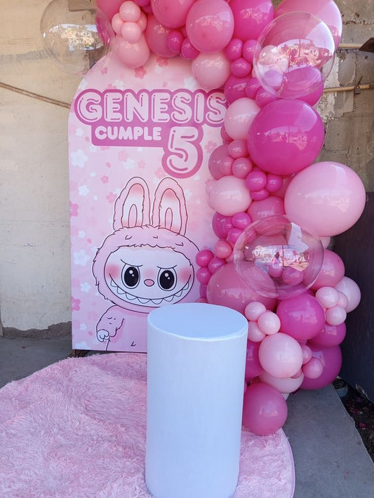 Customizable Board Labubu Backdrop with Balloon Different Shade of Pink with Clear Balloons with White Cake Stand - Labubu-Themed Perfect for special occasion