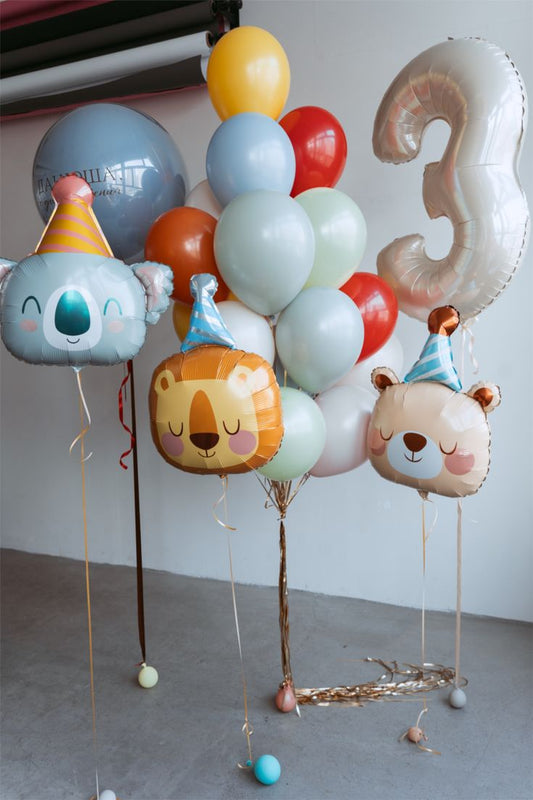 Bear Koala Lion Animal with Party Hat Helium Foil with Latex Orange Green Yellow Blue Bunch Balloon Personalised w/ Customize Sticker - Safari Animal Jungle Theme, Perfect for any celebration!