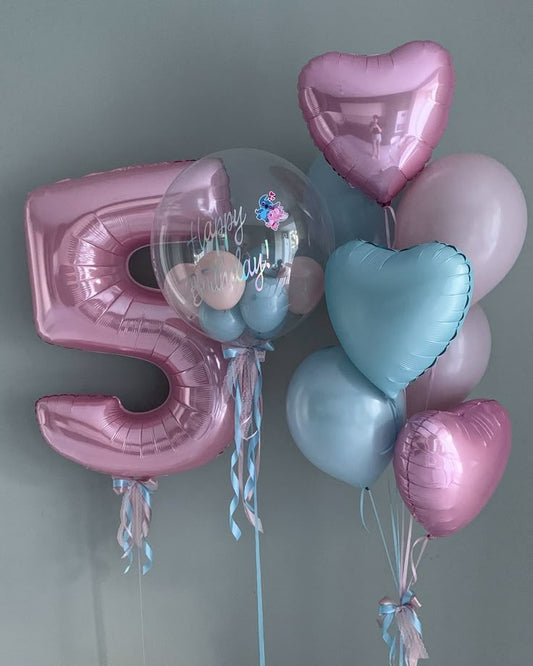 Helium Balloons Single Number Set Pink '5' and Personalised Clear with Mini Latex with Customize Sticker, Latex Bunch Blue and Purple with Heart-Shaped Foil with Ribbons - Customizable for Any Celebration