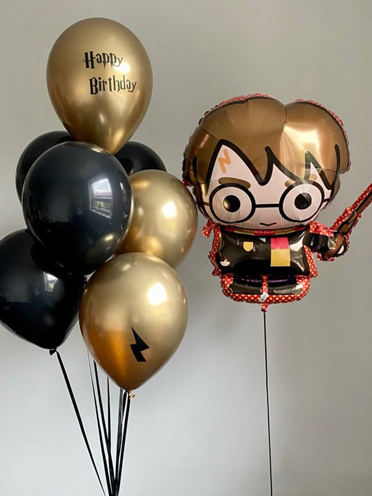 Helium Balloon Harry Potter Character with Latex Helium Bunch Black and Light Gold with Customize Sticker - Perfect for any Occasions