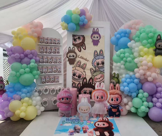 Customizable Board Backdrop with Balloon Yellow, Purple, Green, Blue and Pink with Labubu Characters Standee - Labubu-Themed Perfect for special occasion