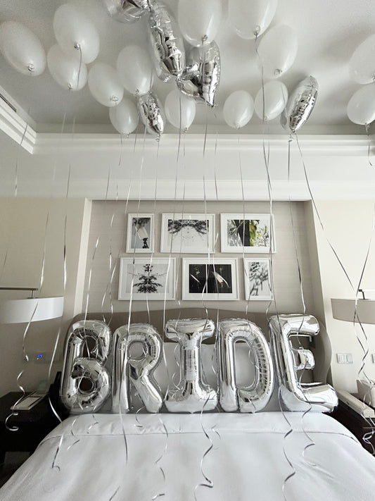 Helium Ceiling Silver Hearts and White Latex with Silver Letters ‘BRIDE’ Banner - Perfect for any Occasions