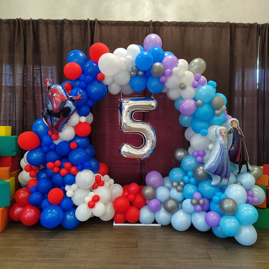 Spiderman and Frozen-Themed Round Organic Arrangement Garland Balloon Blue, Red, White, Gray and Purple with Silver Number '5' and Character Foil accents - Perfect for special occasion
