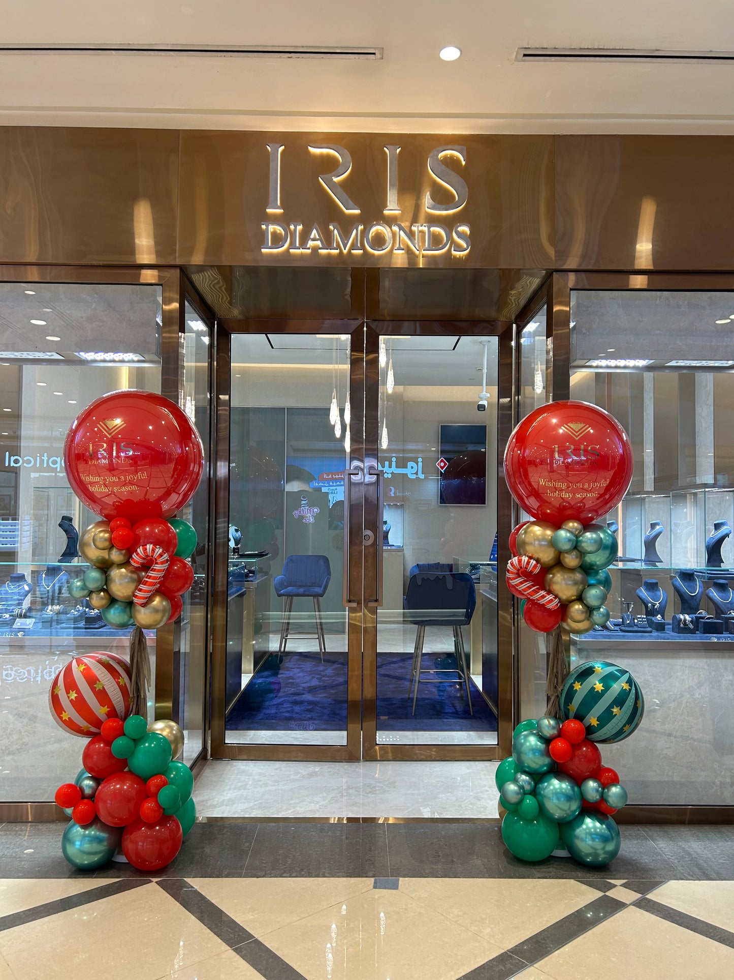 Pillar/Column/Tower Christmas Balloons Red Shinny Green Christmas Ball Foil Candy Cane Tassels - Customizable Design Perfect for Corporate Event, Grand Opening, Company Event!