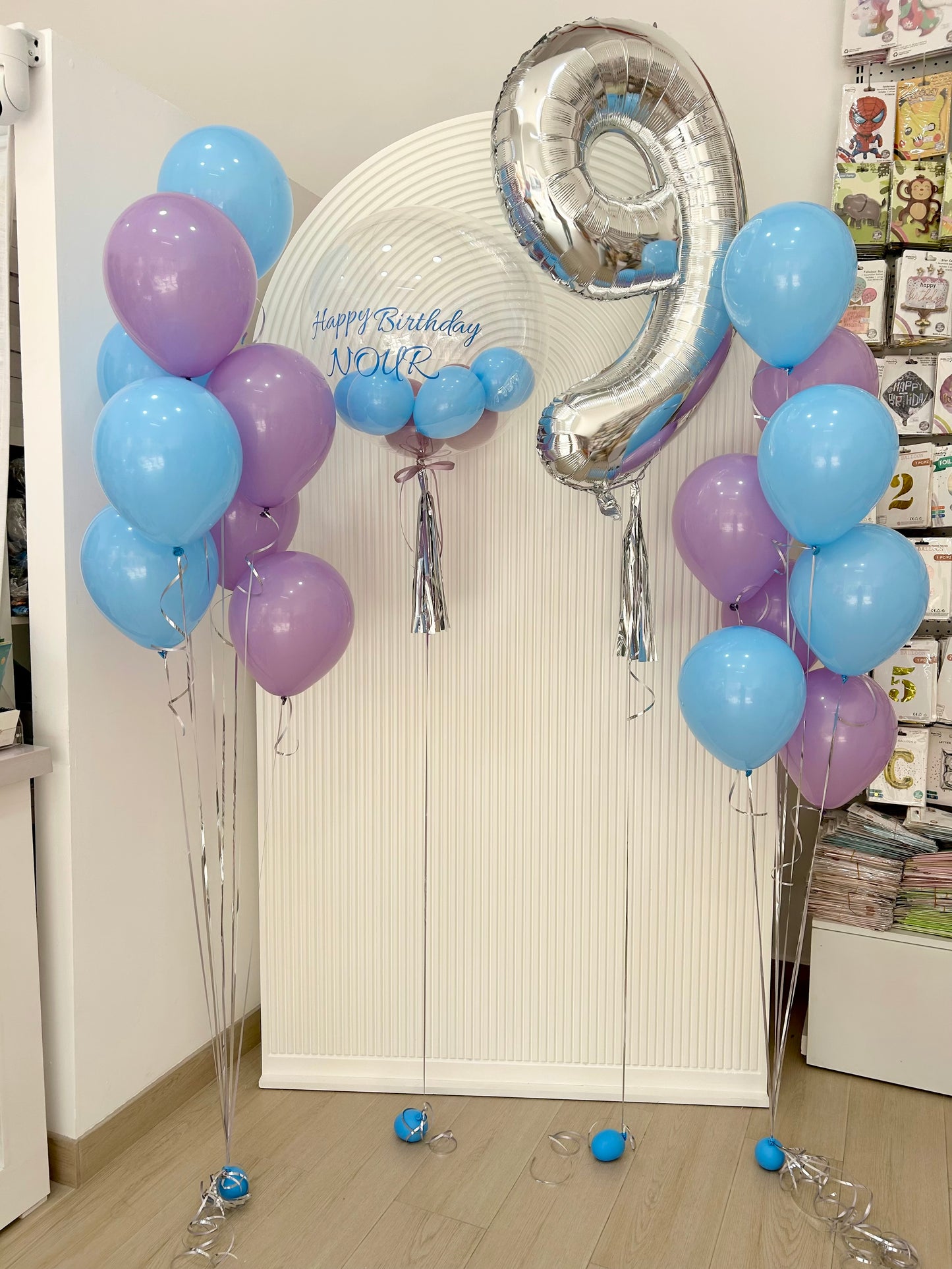 Personalised Set Helium Clear with Purple and Blue Balloon Latex Bunch, Silver ‘9’ Number Balloon with Tassels - Perfect for any Occasions